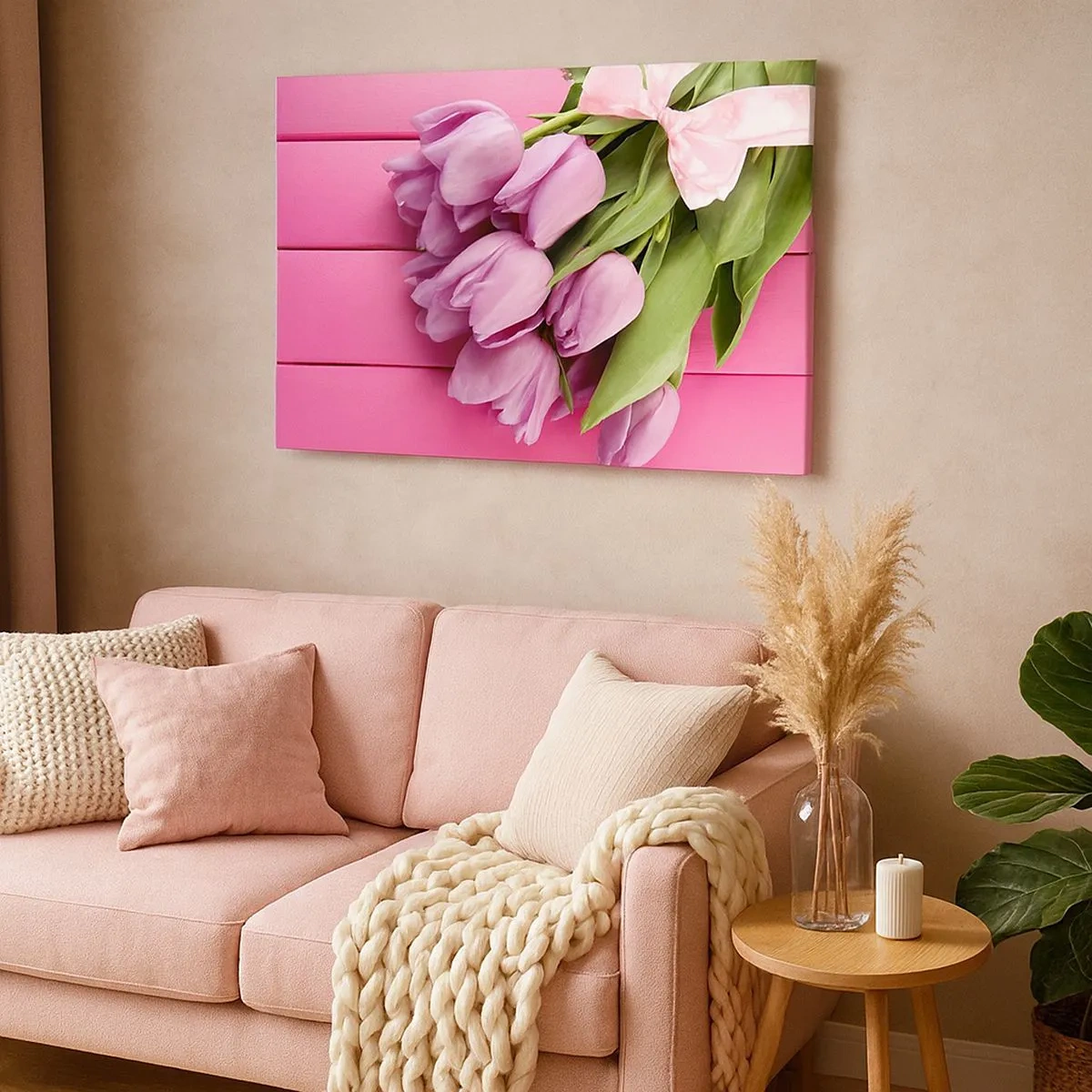 Schilderen op canvas - Een boeket roze tulpen met een strik op een roze achtergrond - 70x50cm - Enkel voor jou - Moderne wanddecoratie voor woonkamer en slaapkamer ARTTOR
