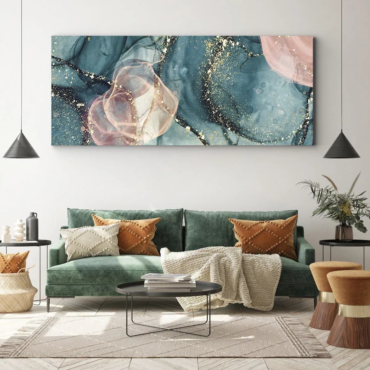 Schilderen op canvas - Zijdeblauw, tule roze - 100x40 cm