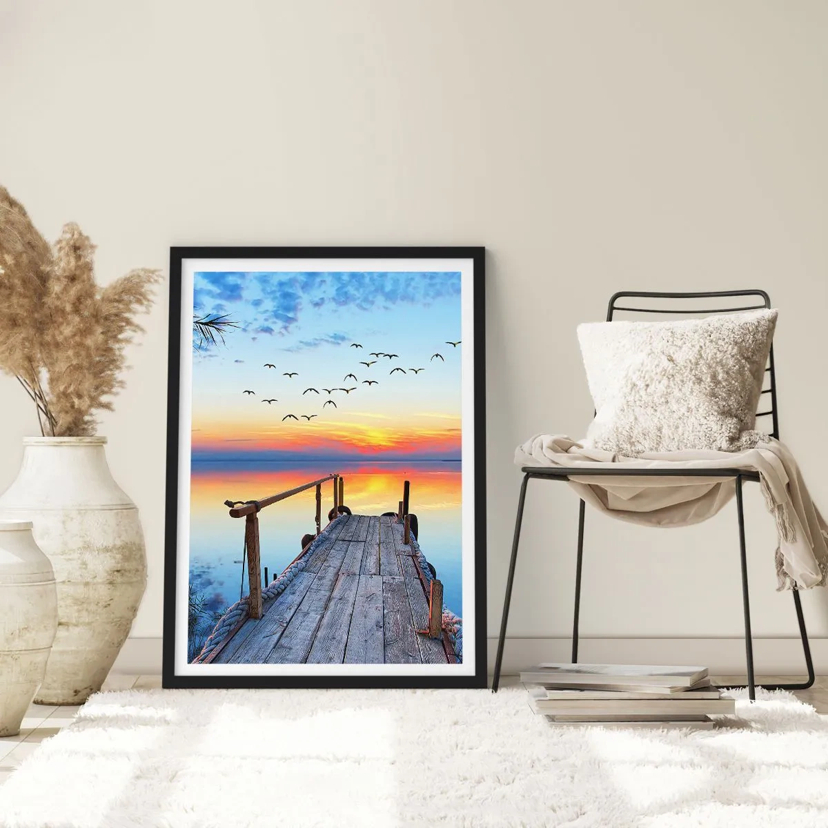 Poster in een zwarte lijst - Pier aan het meer bij zonsondergang - 50x70cm - Het is tijd om terug te gaan... - Moderne wanddecoratie voor woonkamer en slaapkamer ARTTOR