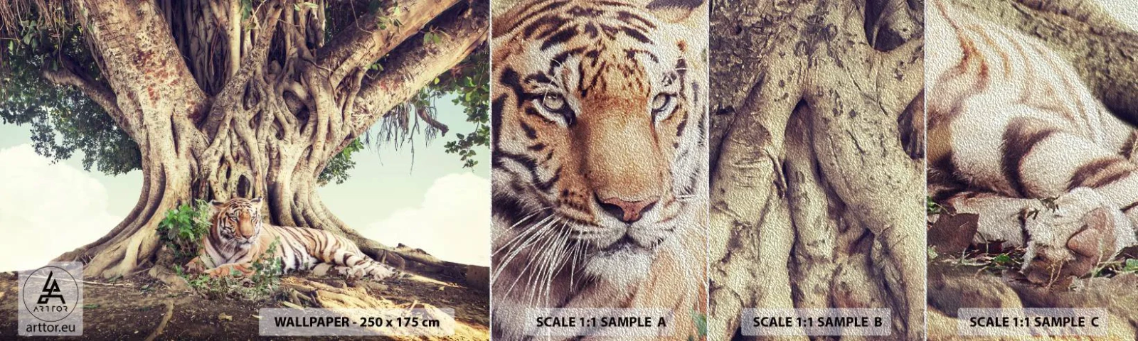 Fotobehang Monster Premium Sand - Uitzicht vanuit het boek Genesis - Bengaalse tijger, Indië, Landschap - 100x30 cm