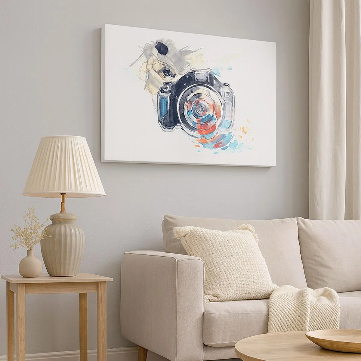 Schilderen op canvas - Aquarelcamera met kleurrijke details - 70x50cm - In het oog van de lens - Moderne wanddecoratie voor woonkamer en slaapkamer ARTTOR