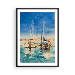 Poster in een zwarte lijst - Aquarelillustratie van zeilboten tegen een blauwe lagune op een zonnige dag. - 50x70cm - Zonnige lagune - Moderne wanddecoratie voor woonkamer en slaapkamer ARTTOR