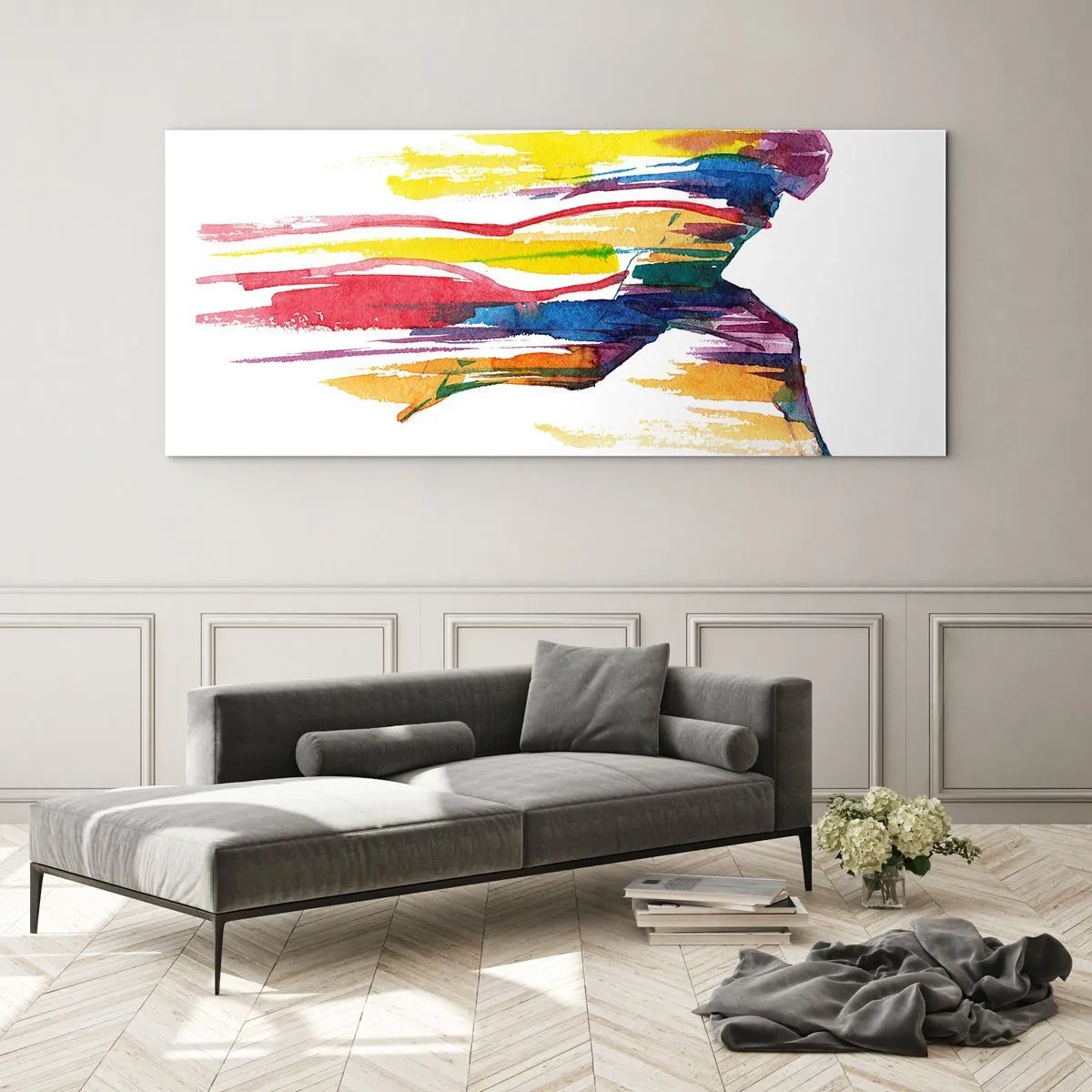 Schilderen op glas - Rennend over de regenboog - 90x30 cm