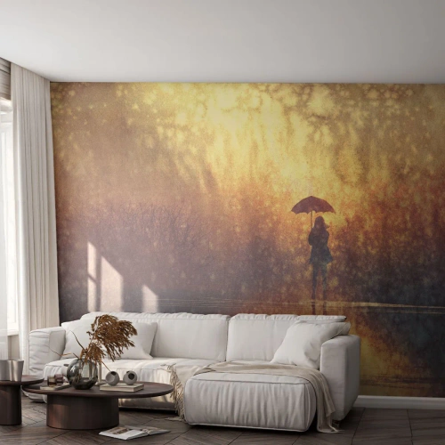 Zelfklevend Fotobehang Deluxe Sticker - Ik voel dat iemand naar me kijkt - Abstractie, Vrouw, Lopen in de regen - 450x315 cm