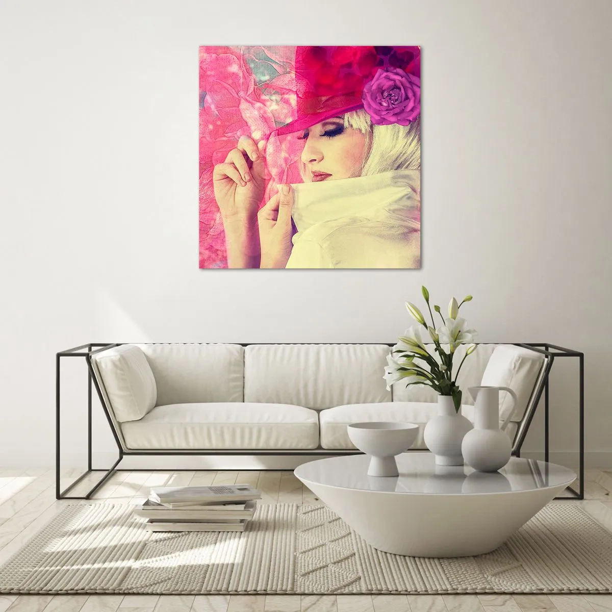 Schilderen op glas - Retro portret in een roze mist - 70x70 cm