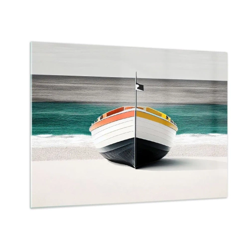 Schilderen op glas - Een kleurrijke boot op het strand met een turquoise zee op de achtergrond - 70x50cm - Op zijn plaats - Moderne wanddecoratie voor woonkamer en slaapkamer ARTTOR