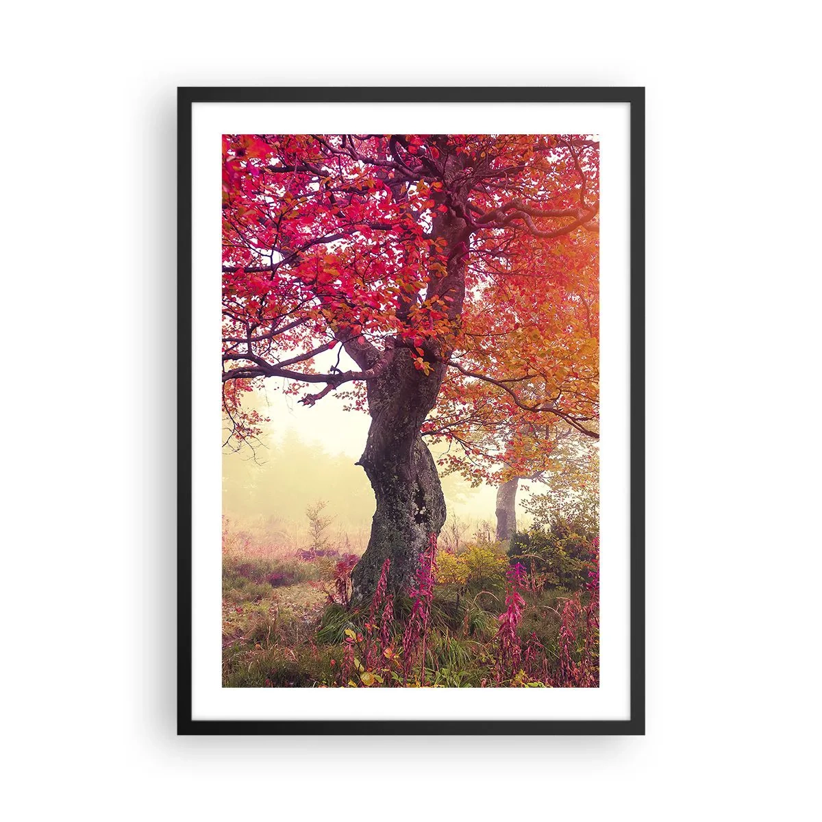 Poster in een zwarte lijst - Een boom met rode bladeren in een herfstlandschap - 50x70cm - Bloeiende razernij - Moderne wanddecoratie voor woonkamer en slaapkamer ARTTOR