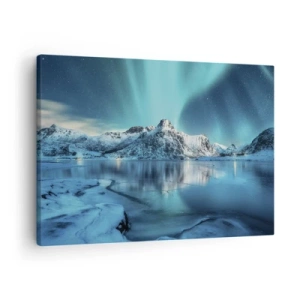 Schilderen op canvas - Aurora Borealis boven met sneeuw bedekte bergen en een meer - 70x50cm - lichtnacht - Moderne wanddecoratie voor woonkamer en slaapkamer ARTTOR