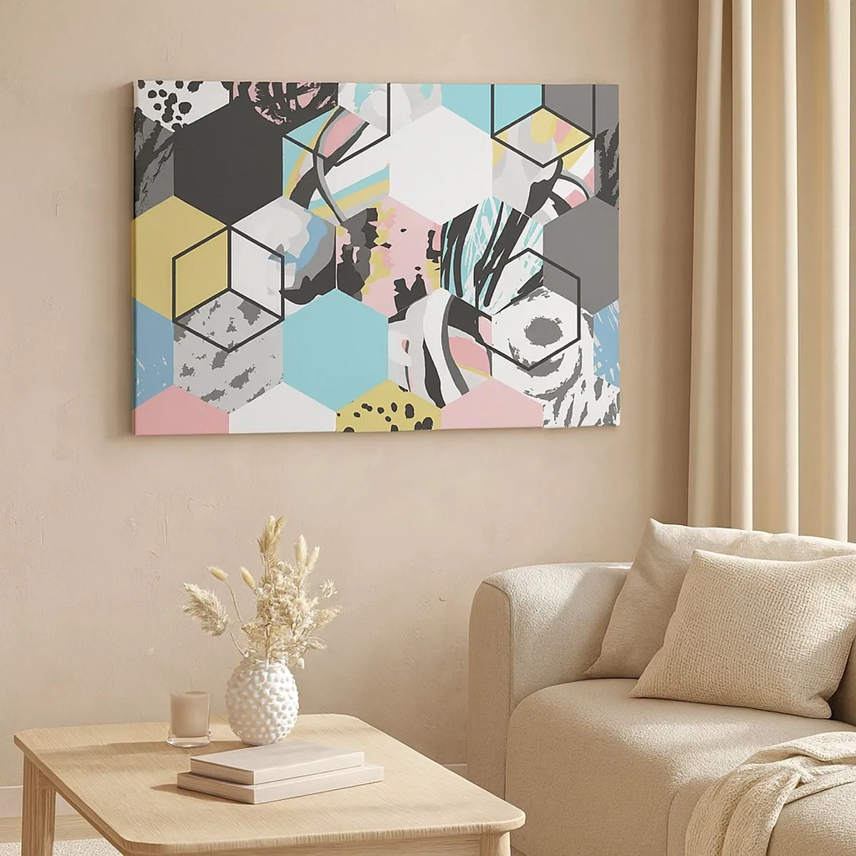 Schilderen op canvas - Geometrisch zeshoekig patroon met kleurrijke abstracte details - 70x50cm - Zeshoeken en kubussen in zes kleuren - Moderne wanddecoratie voor woonkamer en slaapkamer ARTTOR