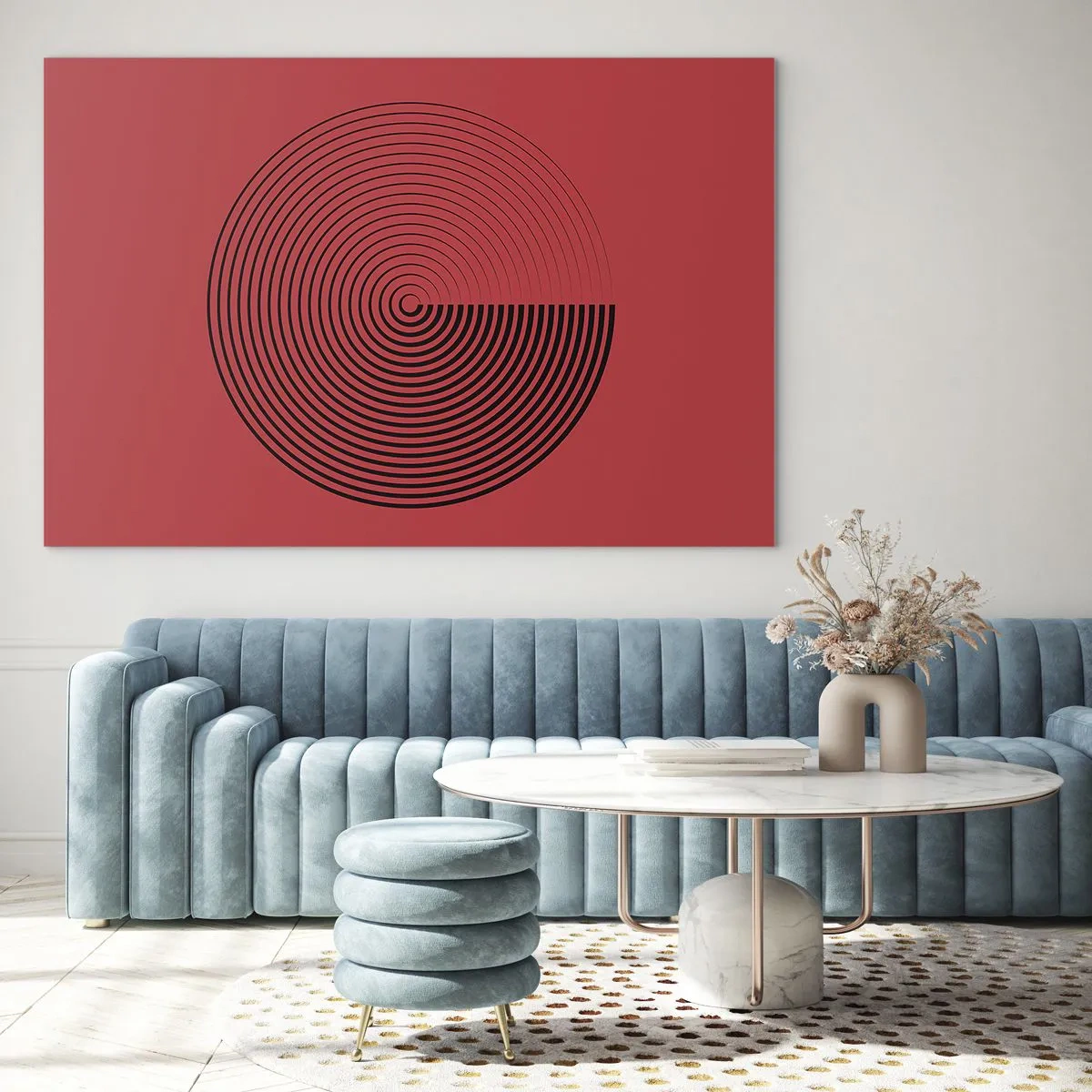 Schilderen op glas - Zwarte concentrische cirkels op een rode achtergrond - 70x50cm - Circulaire beweging - Moderne wanddecoratie voor woonkamer en slaapkamer ARTTOR