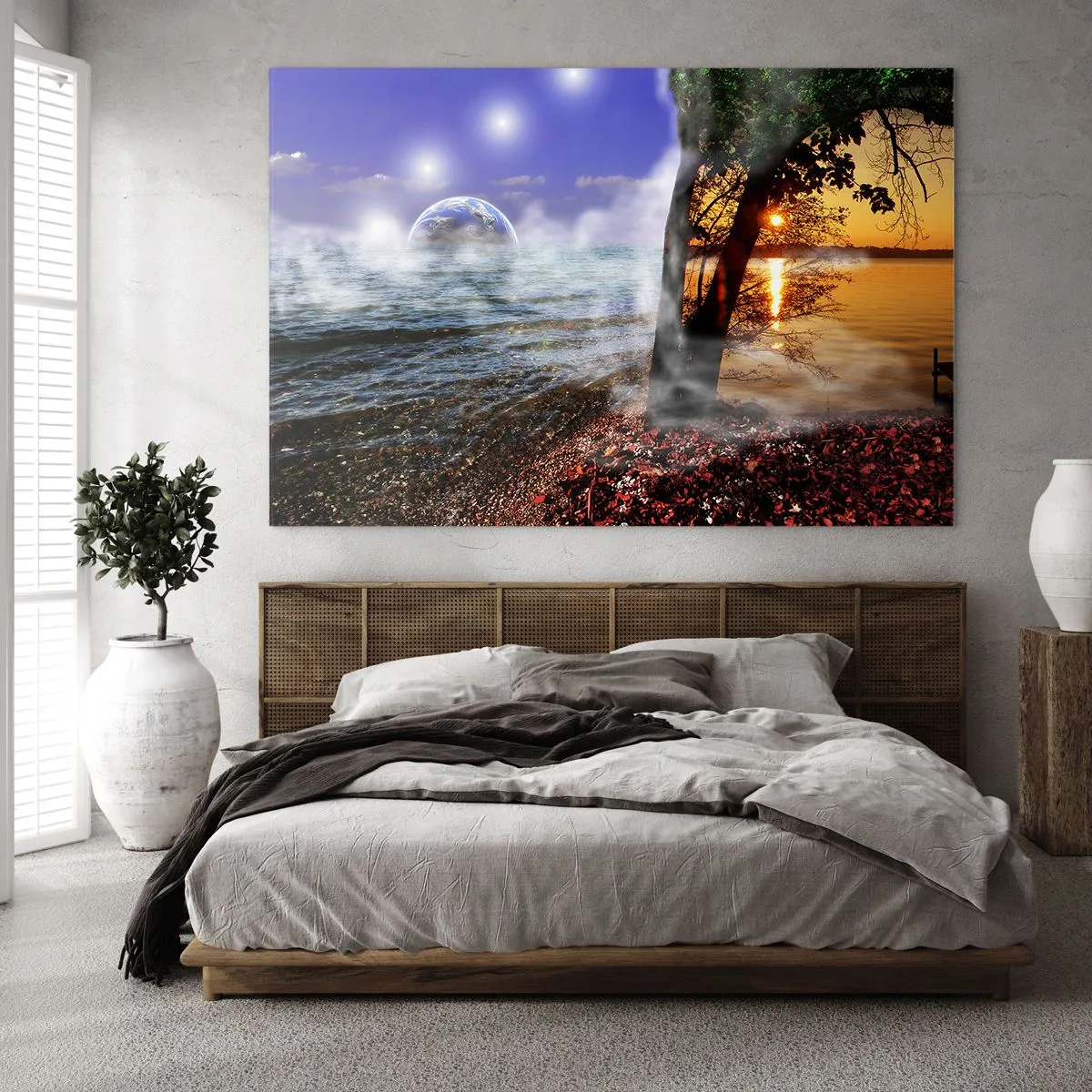 Schilderen op glas - Een fantasielandschap met de zee en een planeet - 70x50cm - Surrealistisch landschap - eenheid van de natuur - Moderne wanddecoratie voor woonkamer en slaapkamer ARTTOR