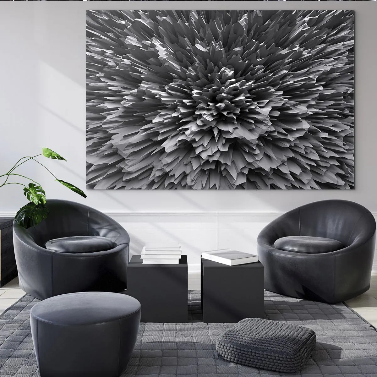 Schilderen op glas - Abstracte zwart-witte 3D-structuur met scherpe randen - 70x50cm - Strikter kan het niet - Moderne wanddecoratie voor woonkamer en slaapkamer ARTTOR