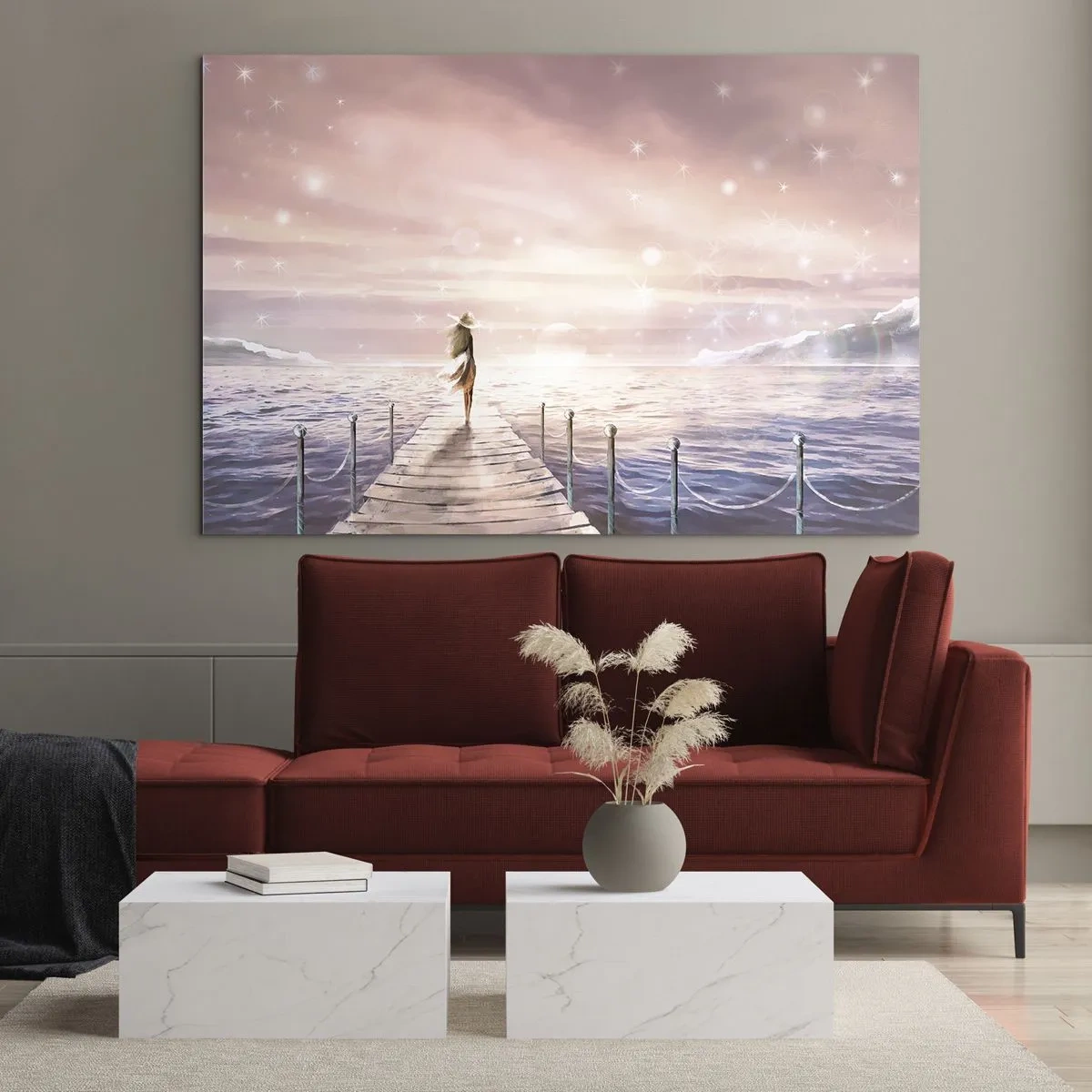 Schilderen op glas - Vrouw op de pier bij zonsondergang - 70x50cm - In het licht van een droom - Moderne wanddecoratie voor woonkamer en slaapkamer ARTTOR