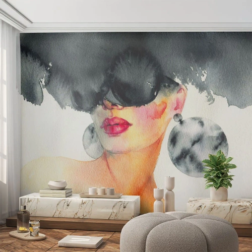 Zelfklevend Fotobehang Deluxe Sticker - Het geheim van elegantie - Het gezicht van de vrouw, Vrouw, Hoed - 100x70 cm