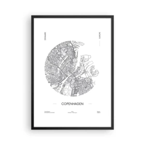 Poster in een zwarte lijst - Een minimalistische kaart van Kopenhagen in zwart-wit. - 50x70cm - Anatomie van Kopenhagen - Moderne wanddecoratie voor woonkamer en slaapkamer ARTTOR