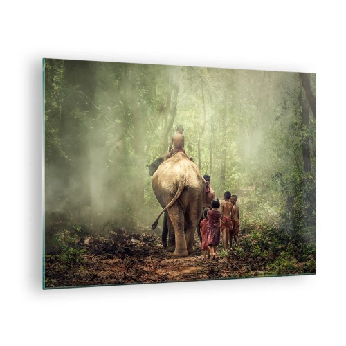 Schilderen op glas - Een olifant in het bos met kinderen in traditionele kostuums - 70x50cm - Nieuw Jungle Boek - Moderne wanddecoratie voor woonkamer en slaapkamer ARTTOR