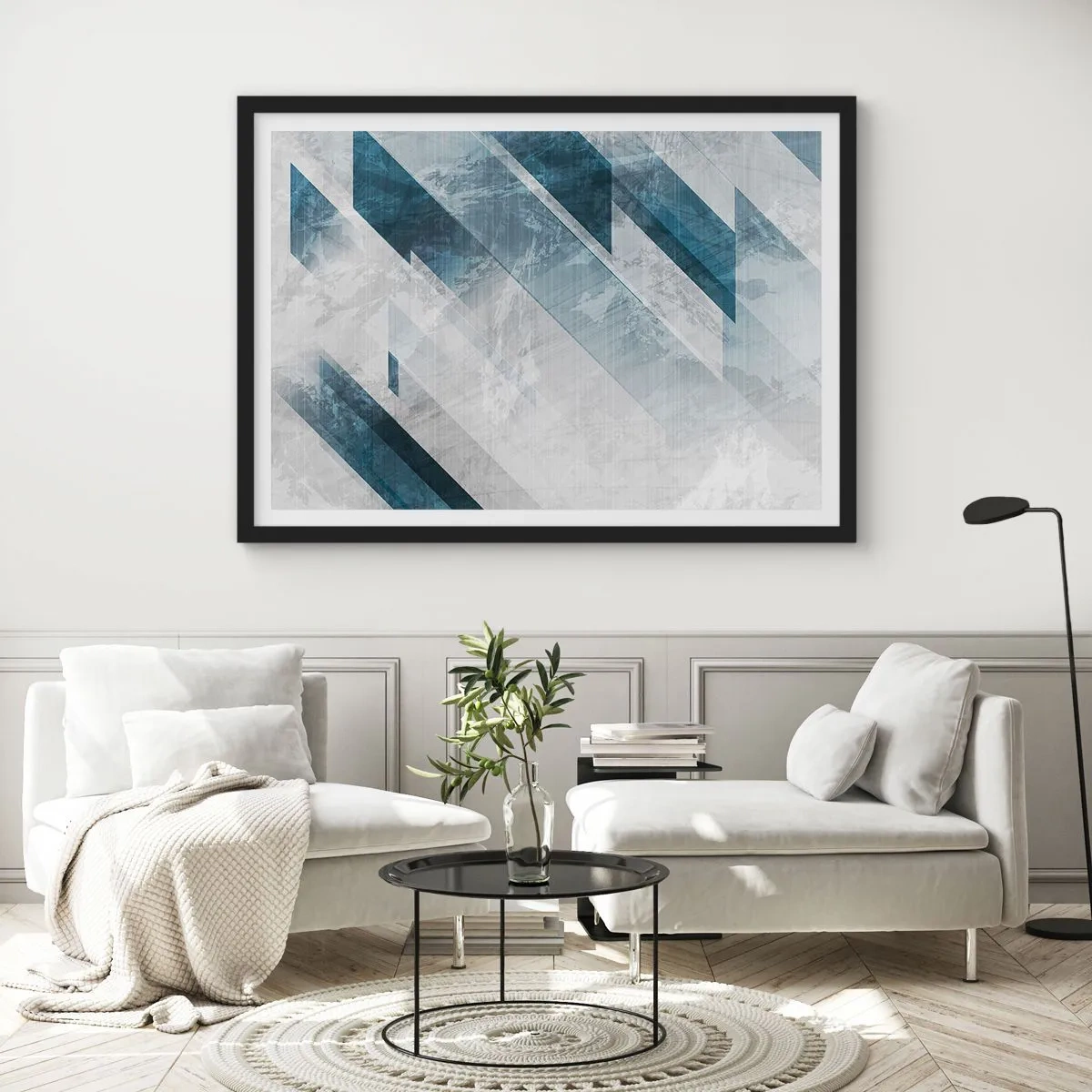 Poster in een zwarte lijst - Ruimtelijke compositie - grijze beweging - 50x40 cm