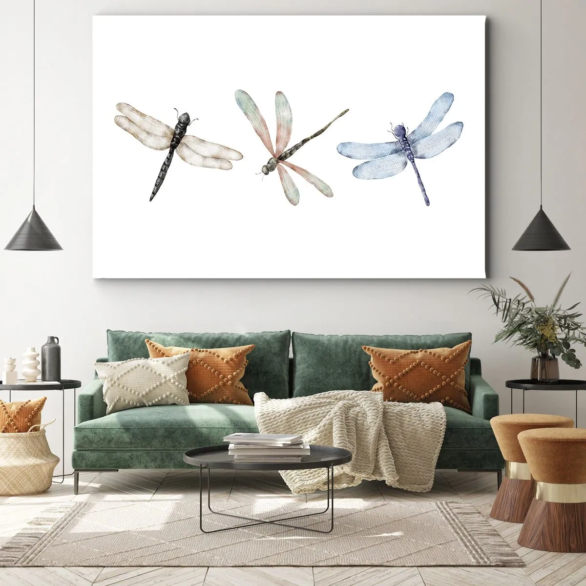 Schilderen op canvas - Drie libellen in delicate pastelkleuren - 70x50cm - Gewichtloze libellen - Moderne wanddecoratie voor woonkamer en slaapkamer ARTTOR