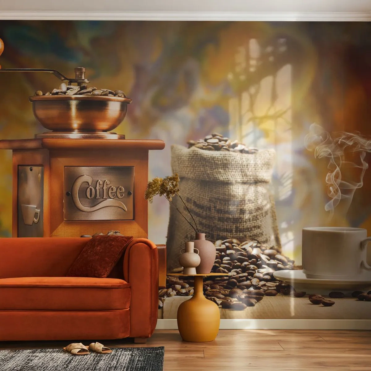 Fotobehang Premium Canvas - Het knarsen van granen, het geratel van een grinder - Gastronomie, Koffie, Koffiemolen - 300x210 cm