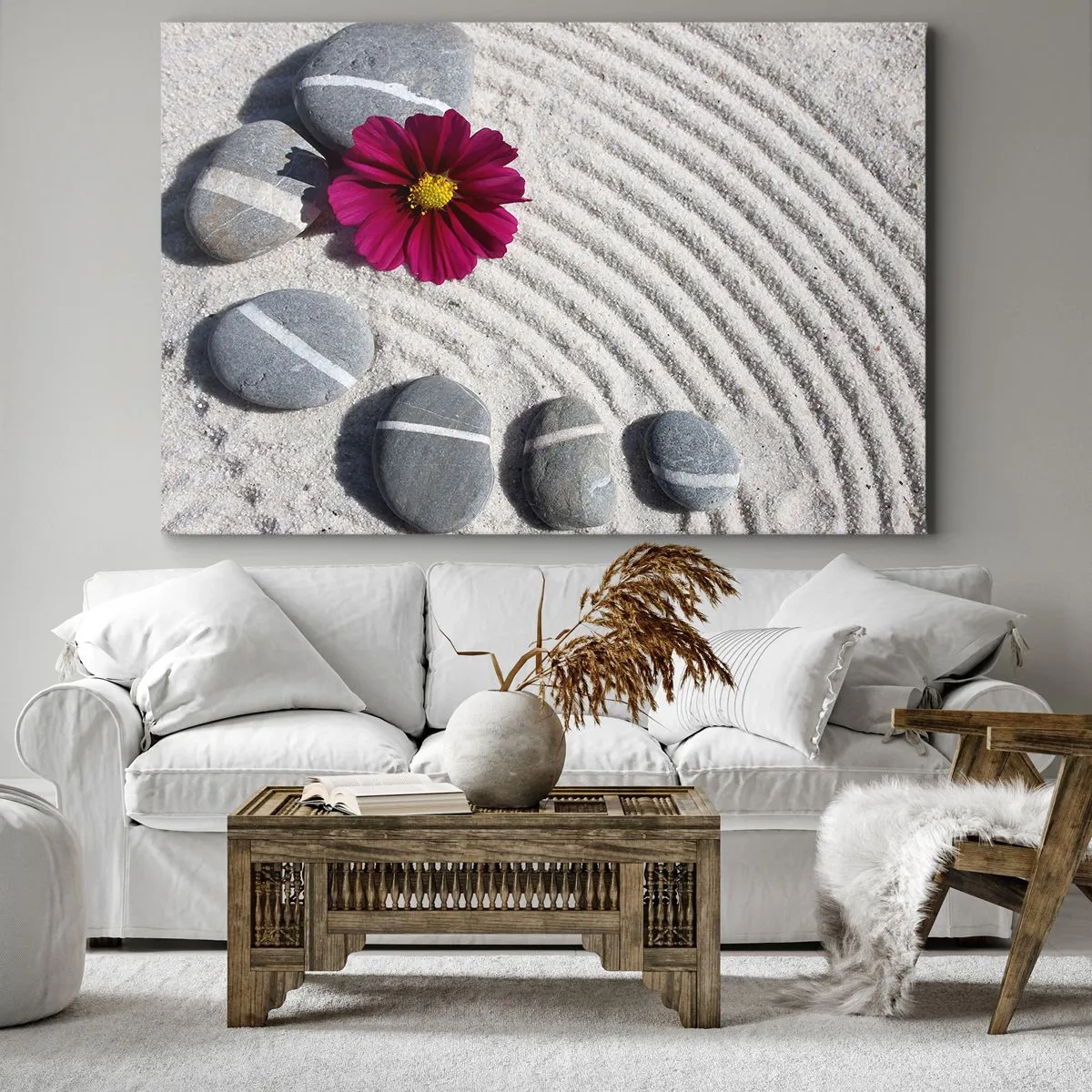 Schilderen op canvas - Stenen en een roze bloem op het zand in zenstijl - 70x50cm - Energie en rust van de magische cirkel van de natuur - Moderne wanddecoratie voor woonkamer en slaapkamer ARTTOR