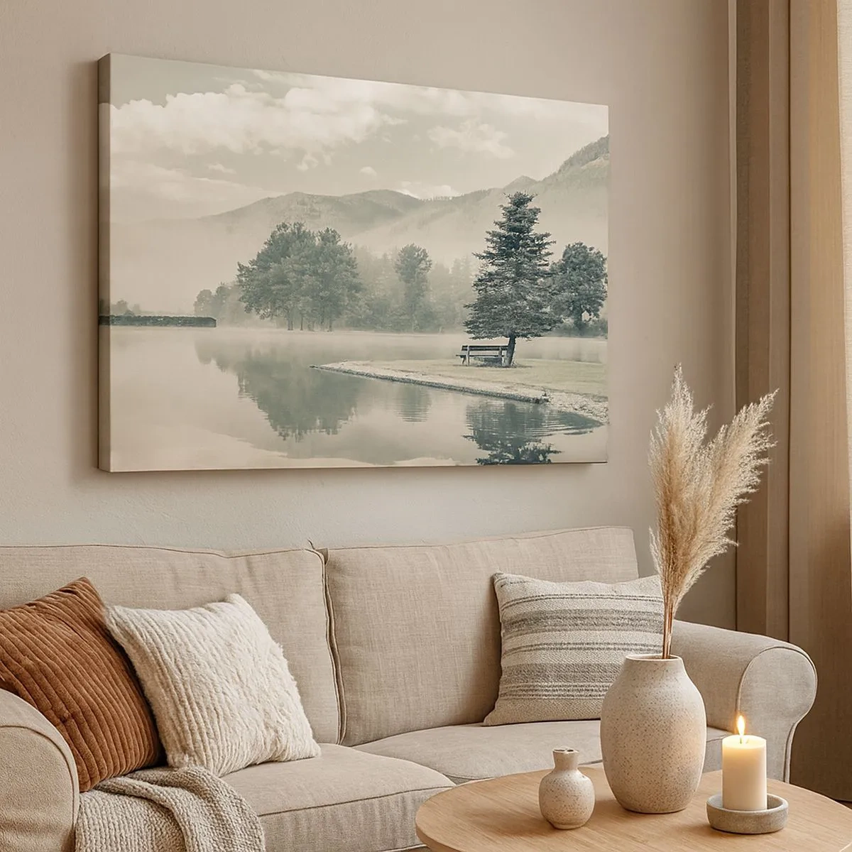 Schilderen op canvas - Een schilderachtig meer met een bankje en mist op de achtergrond - 70x50cm - Het meer slaapt nog - Moderne wanddecoratie voor woonkamer en slaapkamer ARTTOR