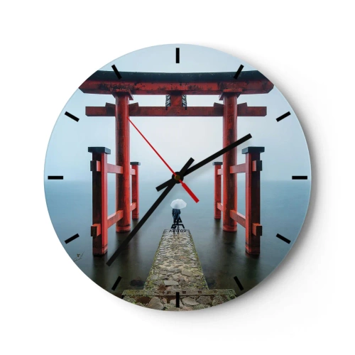 Wandklok - Klok - Rode Torii-poort boven stilstaand water in de mist - 30x30cm - Japanse mijmering - Moderne wanddecoratie voor woonkamer, keuken en slaapkamer ARTTOR