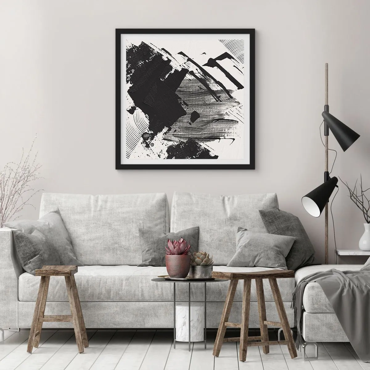 Poster in een zwarte lijst - Abstractie – expressie van zwart - 30x30 cm