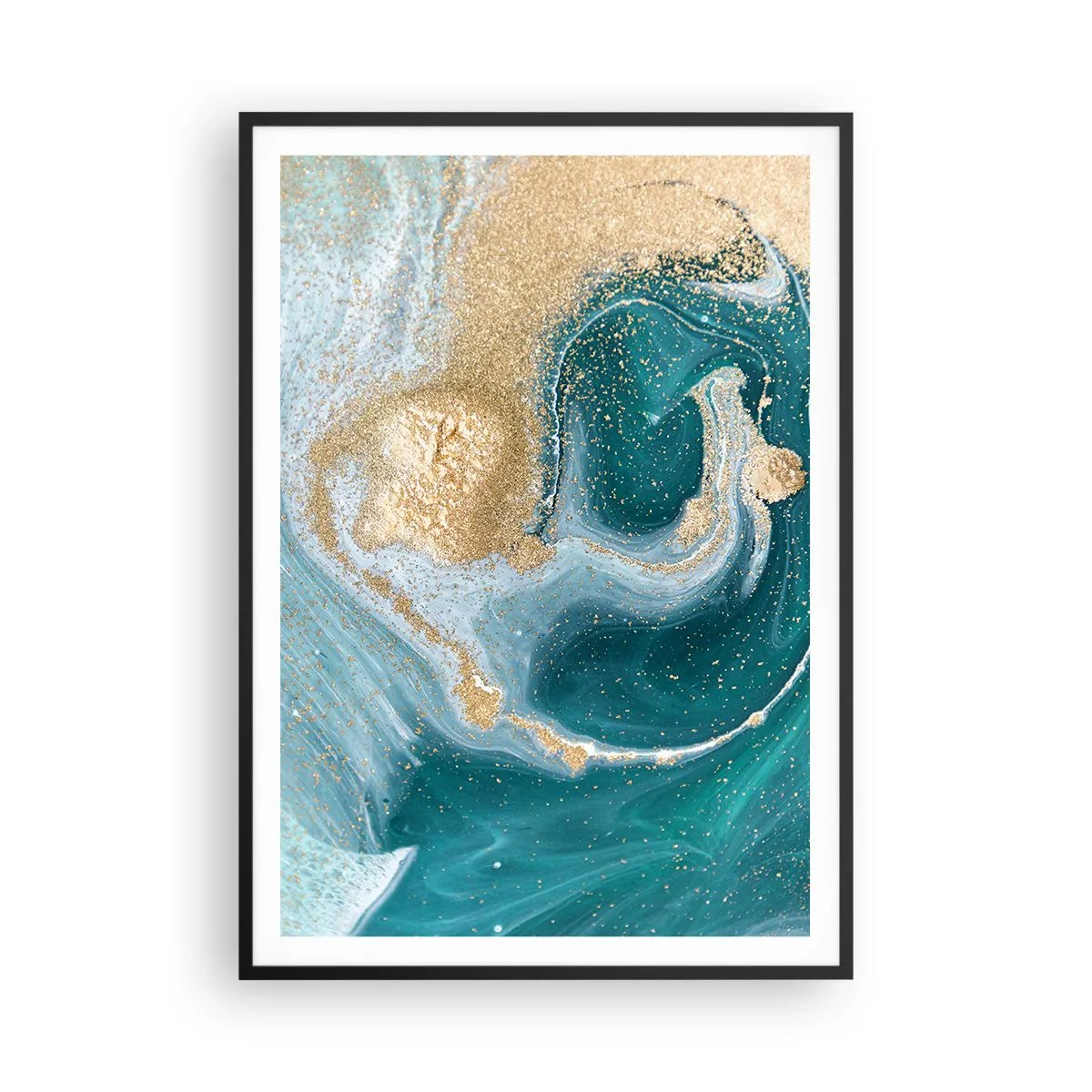 Poster in een zwarte lijst - Een werveling van goud en turkoois - 70x100 cm