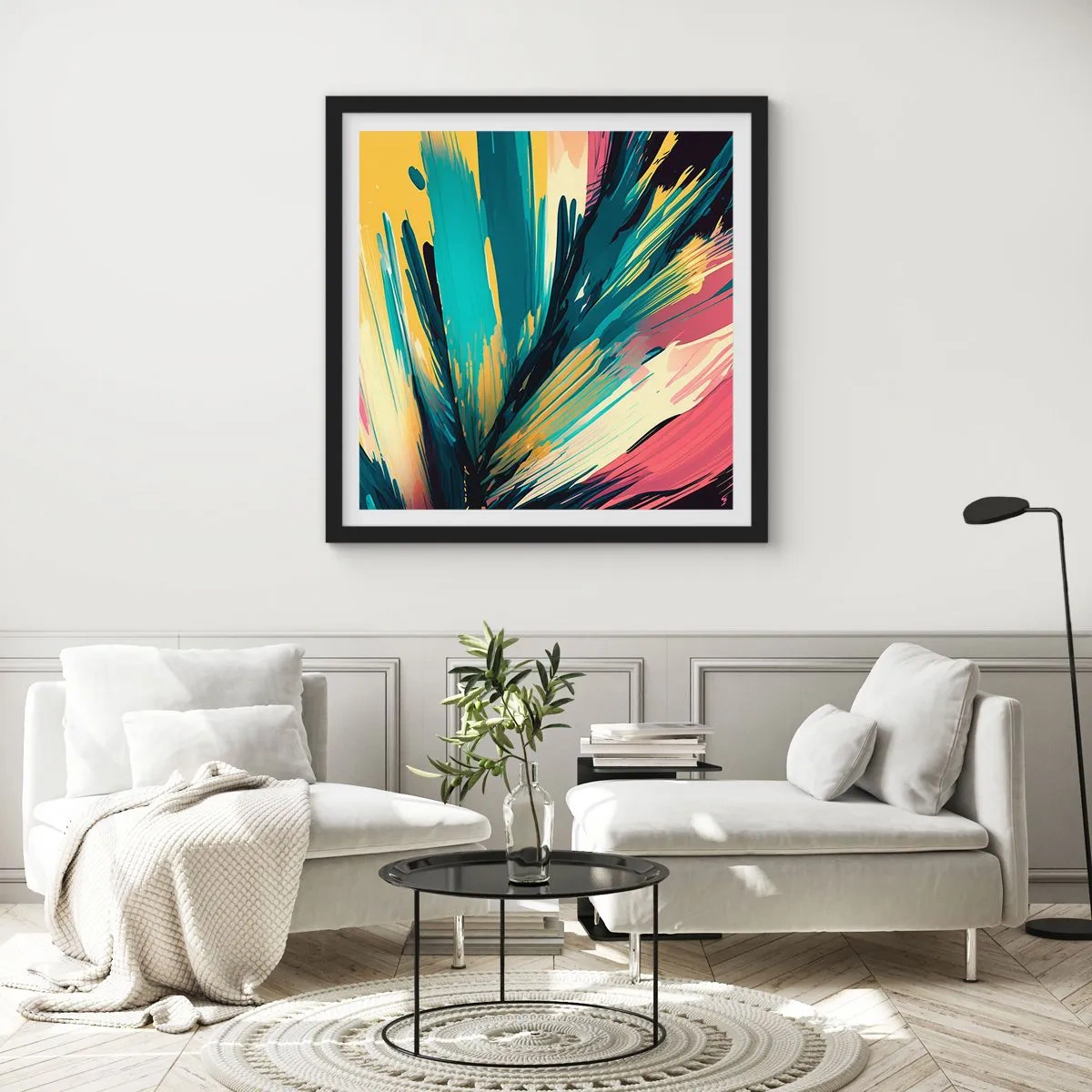 Poster in een zwarte lijst - Compositie – een explosie van vreugde - 30x30 cm