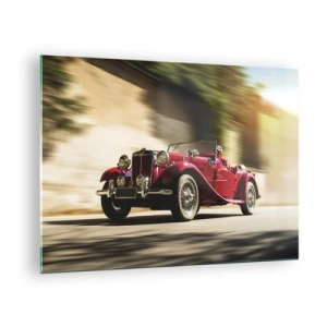 Schilderen op glas - Klassieke rode cabriolet in beweging tegen de achtergrond van de straat en het wazige landschap - 70x50cm - Mooier dan Nike van Samothrace - Moderne wanddecoratie voor woonkamer en slaapkamer ARTTOR