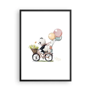 Poster in een zwarte lijst - Panda op de fiets met ballonnen en bloemen in sprookjesachtige stijl - 50x70cm - Vrolijke dag - Moderne wanddecoratie voor woonkamer en slaapkamer ARTTOR