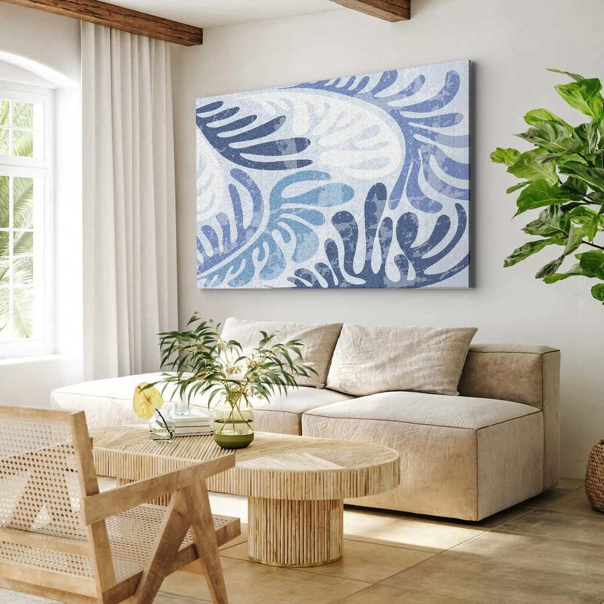 Schilderen op canvas - Abstracte vormen in blauwtinten op een witte achtergrond - 70x50cm - Blauwe varens - Moderne wanddecoratie voor woonkamer en slaapkamer ARTTOR