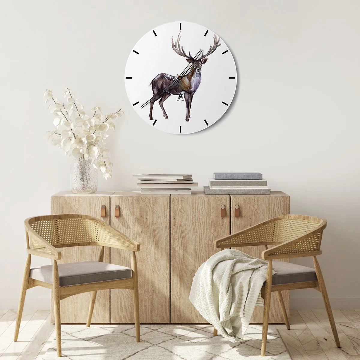 Wandklok - Klok - Aquarelafbeelding van een hert - 30x30cm - Koning van het noordelijke bos - Moderne wanddecoratie voor woonkamer, keuken en slaapkamer ARTTOR