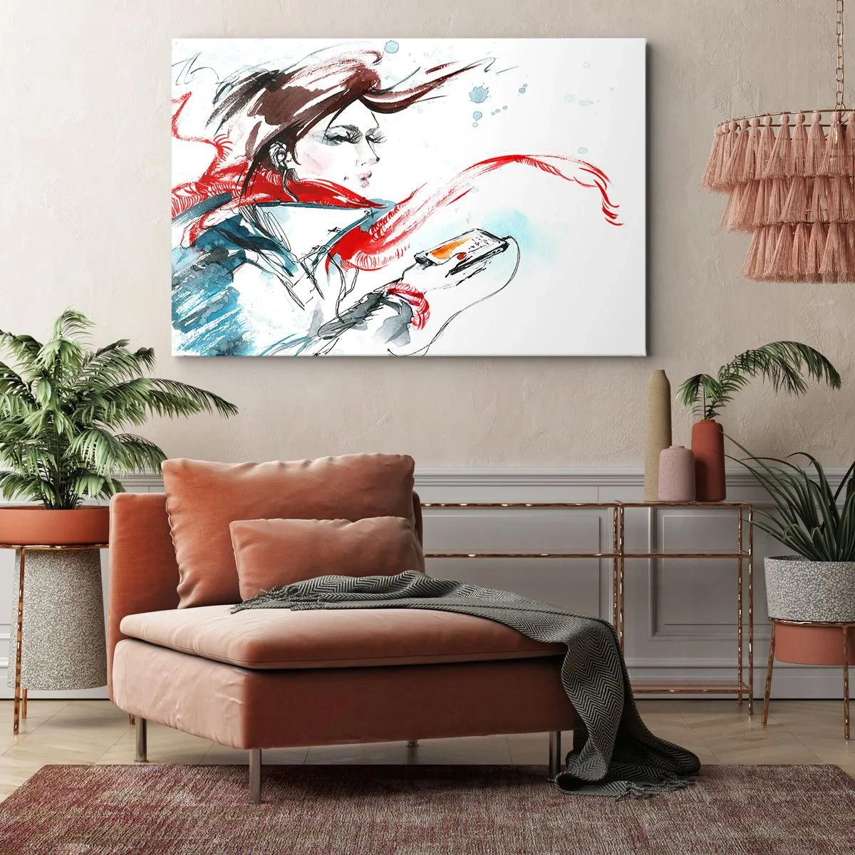 Schilderen op canvas - Een vrouw in een rode sjaal met dynamische aquarelstreken - 70x50cm - Er speelt iets in mij - Moderne wanddecoratie voor woonkamer en slaapkamer ARTTOR