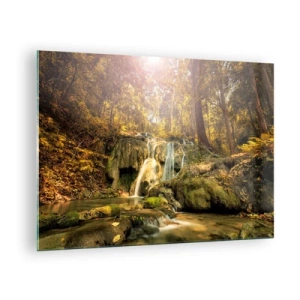 Schilderen op glas - Boscascade in het groen - 70x50cm - Boscascade in het groen - Moderne wanddecoratie voor woonkamer en slaapkamer ARTTOR