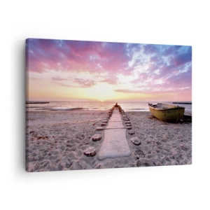 Schilderen op canvas - Zonsopgangstrand met boot en pier - 70x50cm - Een moment van diepe ervaring - Moderne wanddecoratie voor woonkamer en slaapkamer ARTTOR