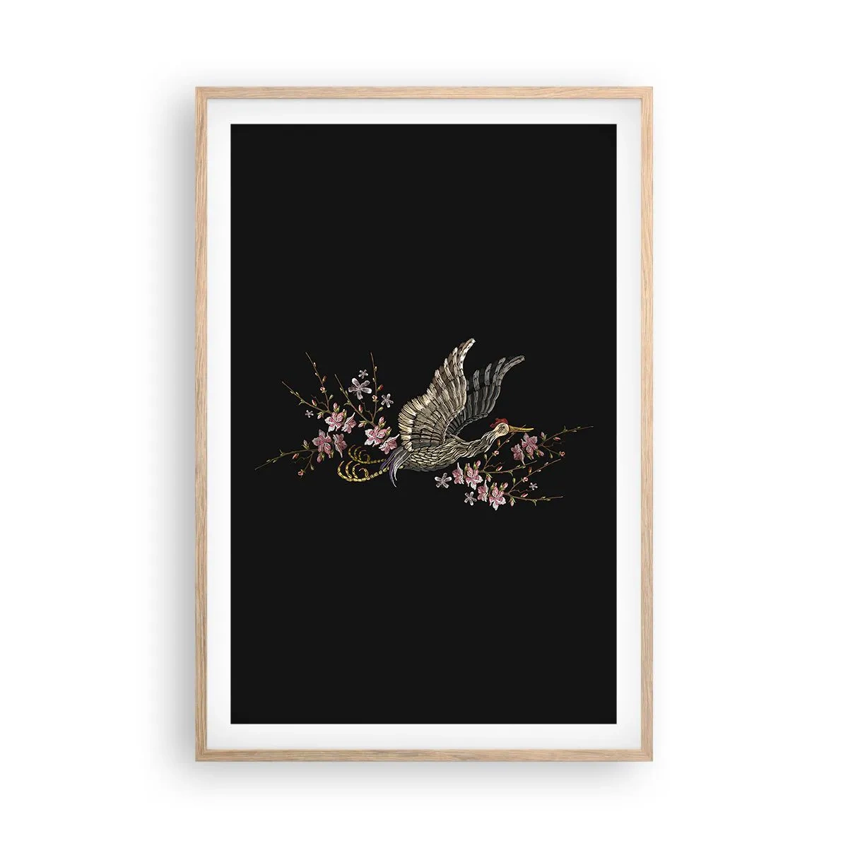 Een poster in een licht eiken lijst - Exotische geborduurde vogel - 61x91 cm