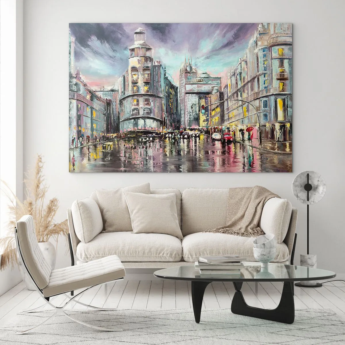 Schilderen op glas - Een stadsstraat in de regen met een spectaculaire weerspiegeling van de lichten - 70x50cm - Het wordt een geslaagde avond - Moderne wanddecoratie voor woonkamer en slaapkamer ARTTOR