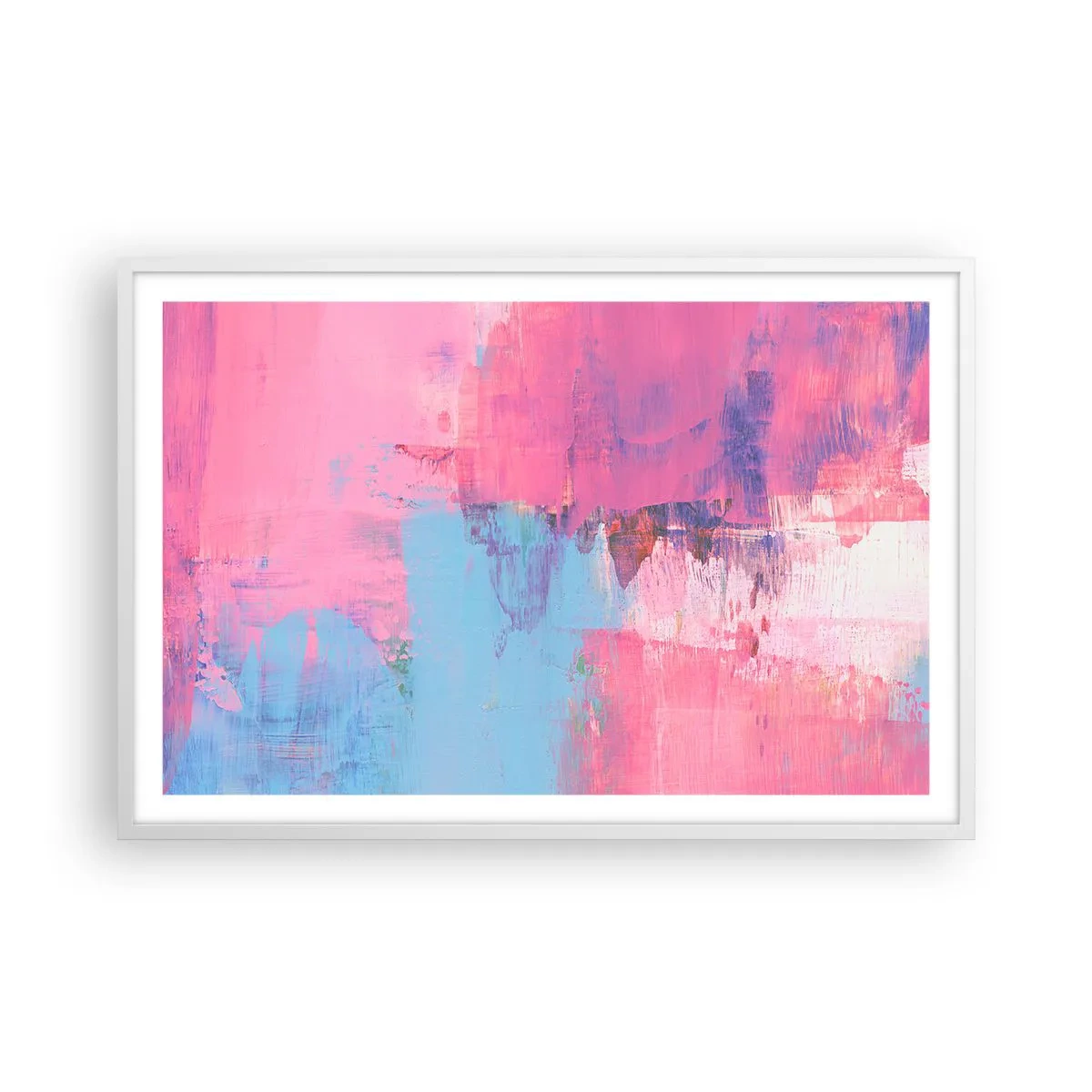 Poster in een witte lijst - Roze, blauw en een vleugje licht - 91x61 cm