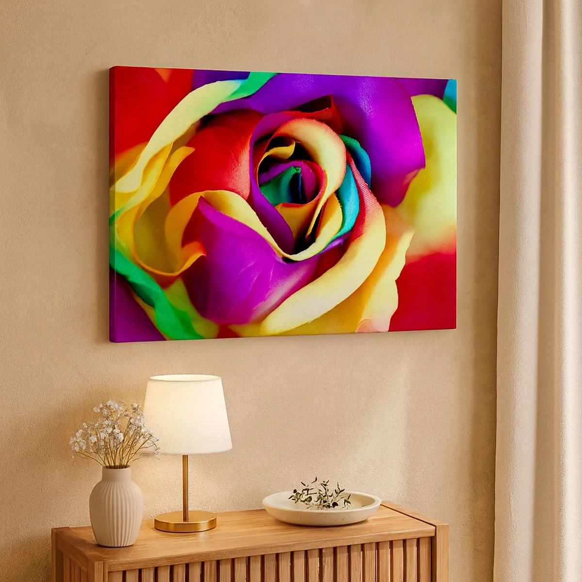Schilderen op canvas - Een kleurrijke roos in regenboogkleuren - 70x50cm - Het is onmogelijk - Moderne wanddecoratie voor woonkamer en slaapkamer ARTTOR