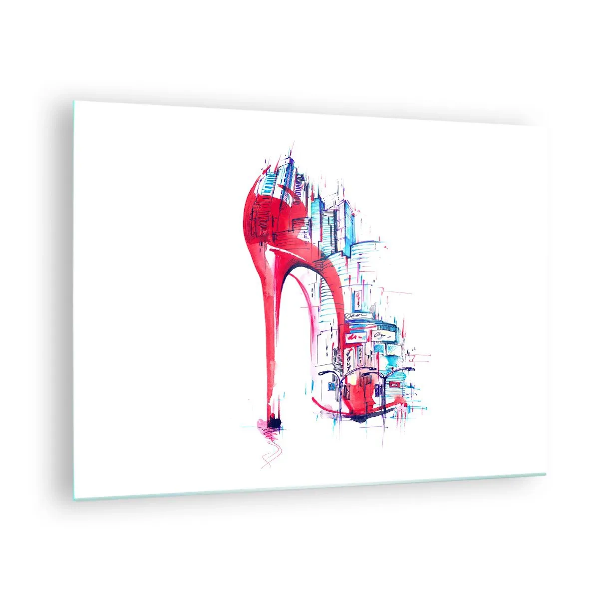 Schilderen op glas - Rode stiletto met een stedelijk architectuurmotief - 70x50cm - Een elegante vrouw uit de grote stad - Moderne wanddecoratie voor woonkamer en slaapkamer ARTTOR