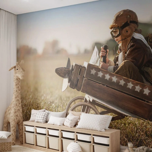 Fotobehang Standard Eco - Begin naar een droom - Jongen, Vliegtuig, Vintage - 350x256 cm