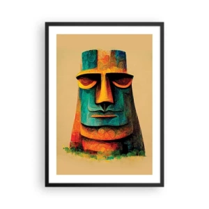 Poster in een zwarte lijst - Een kleurrijke interpretatie van een Moai-beeld tegen een beige achtergrond - 50x70cm - Statig, toch lief - Moderne wanddecoratie voor woonkamer en slaapkamer ARTTOR