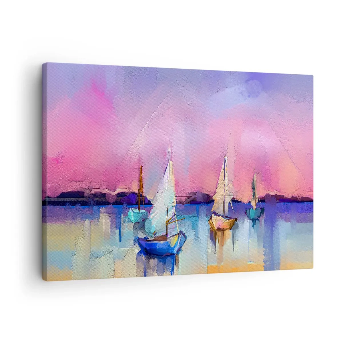 Schilderen op canvas - Zeilboten op een kalme zee in de pastelkleuren van de zonsondergang - 70x50cm - Richting: breed water - Moderne wanddecoratie voor woonkamer en slaapkamer ARTTOR