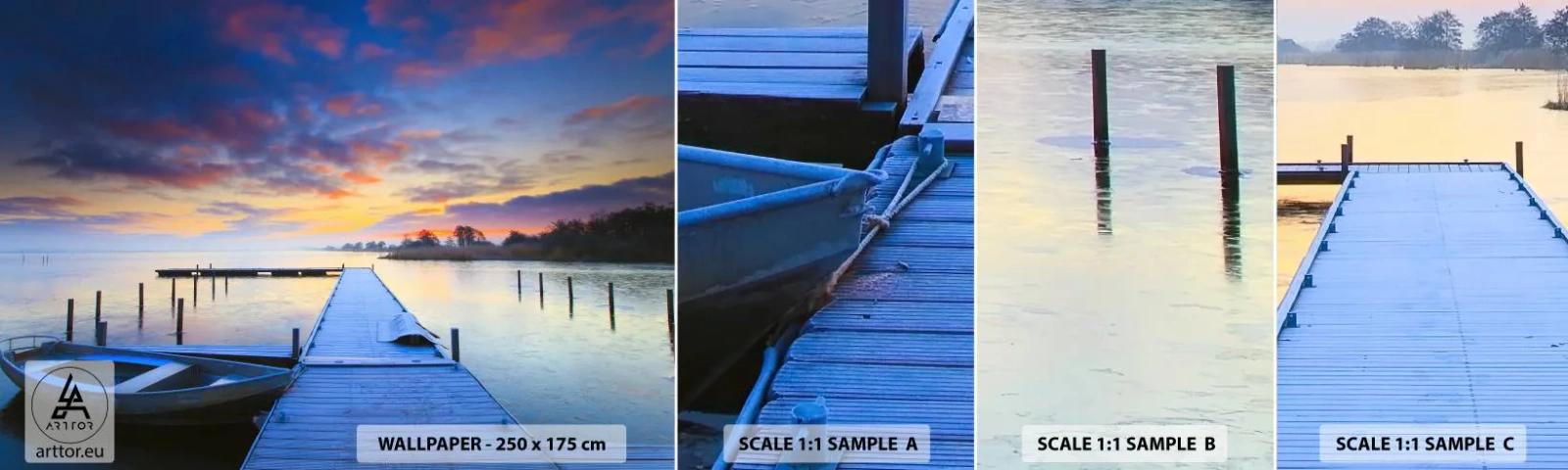 Fotobehang Staaltje Standard Eco - Violet-gouden kalmte - Landschap, Meer, Boot - 100x30 cm