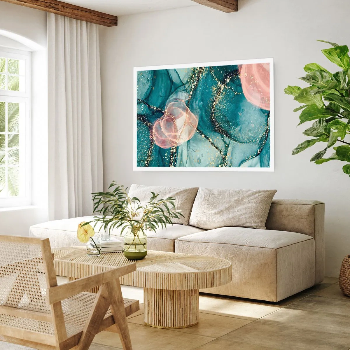Poster - Zijdeblauw, tule roze - 91x61 cm