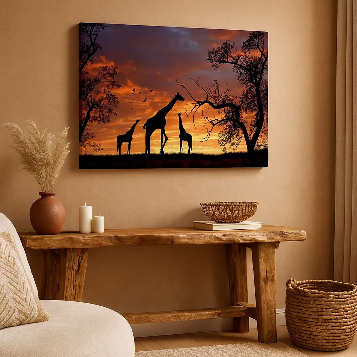 Schilderen op canvas - Silhouetten van giraffen tegen de achtergrond van de Afrikaanse zonsondergang - 70x50cm - Een klein diner met je geliefden - Moderne wanddecoratie voor woonkamer en slaapkamer ARTTOR