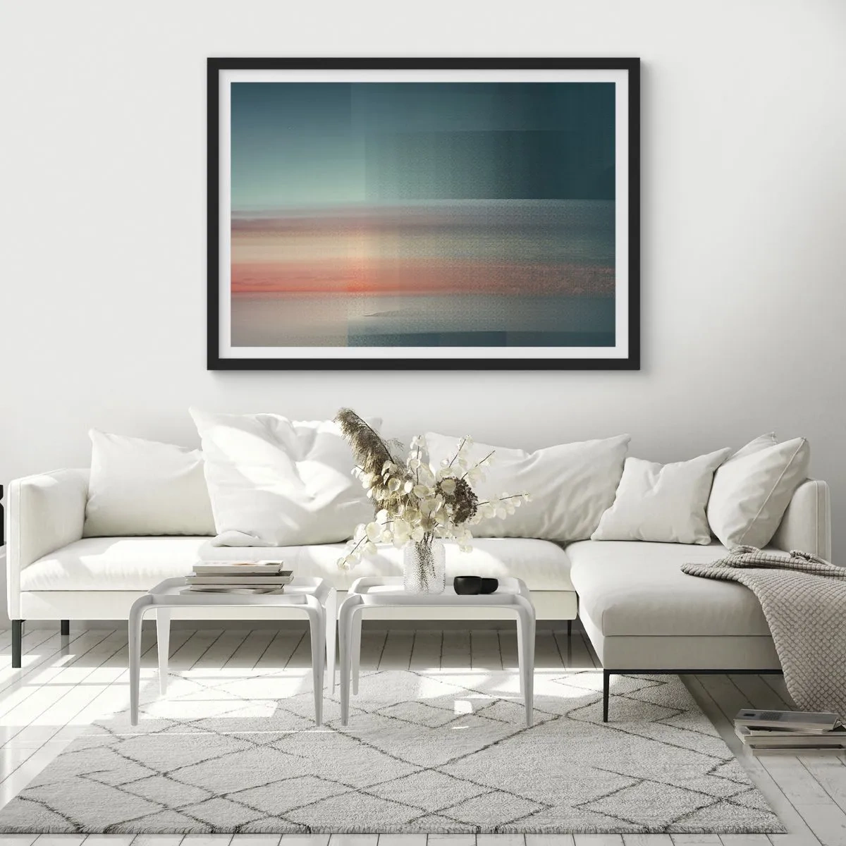 Poster in een zwarte lijst - Abstractie: golven van licht - 70x50 cm