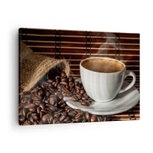 Schilderen op canvas - Een kopje koffie met bonen op een bamboe-achtergrond - 70x50cm - De zwartheid van steenkool, de helderheid van barnsteen - Moderne wanddecoratie voor woonkamer en slaapkamer ARTTOR