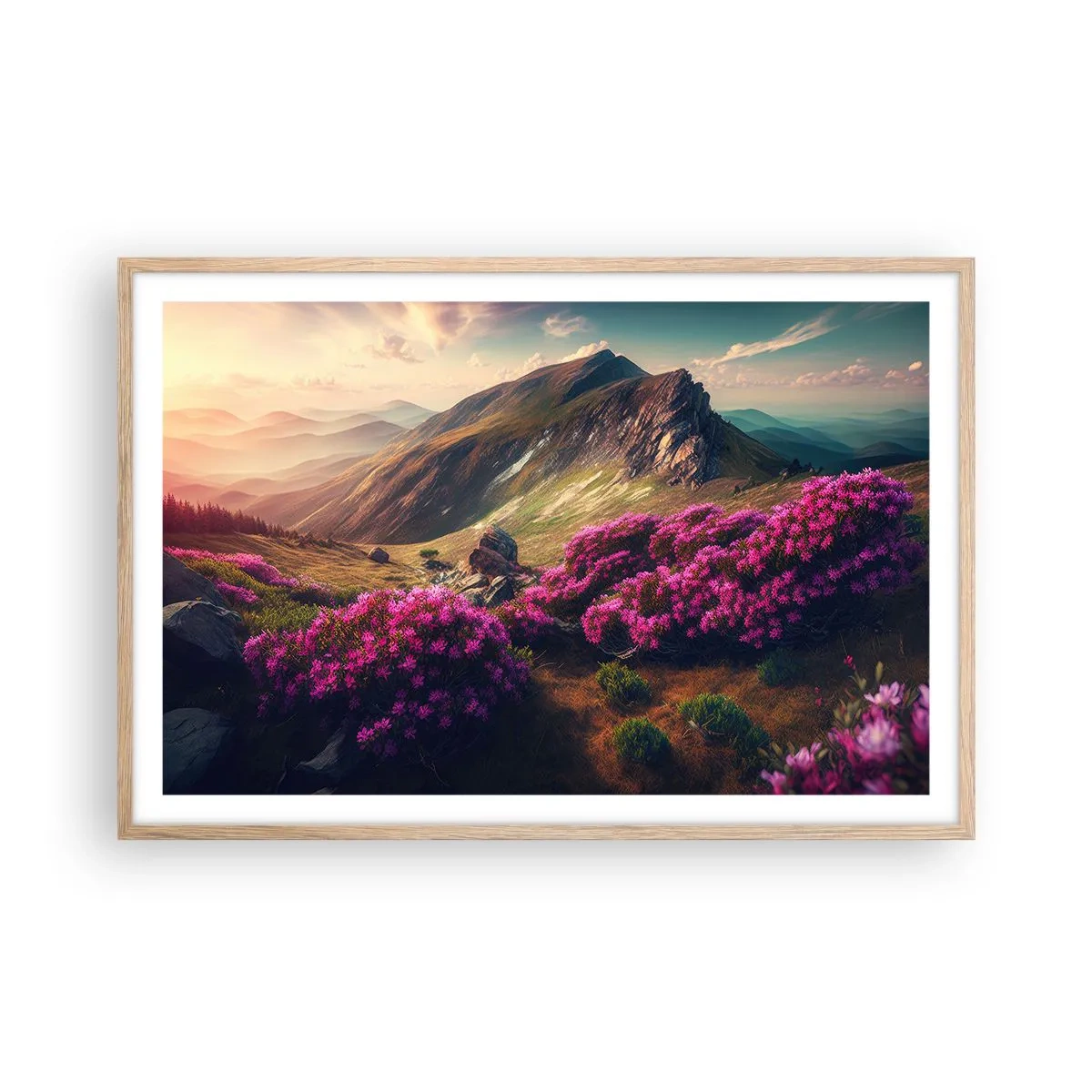 Een poster in een licht eiken lijst - Zomer in de bergen - 91x61 cm